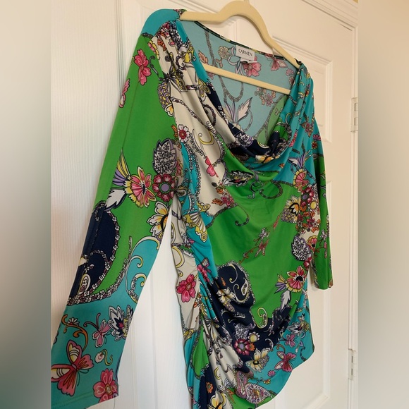 Carmen Marc Valvo Draped Neckline Green Floral Blouse Large Cottagecore‎ Fairy - Picture 5 of 9